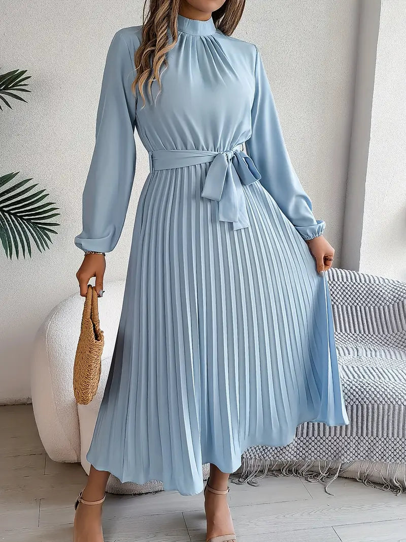 Womens A-Line Dress with Waist Belt Knee Length - BritishMode