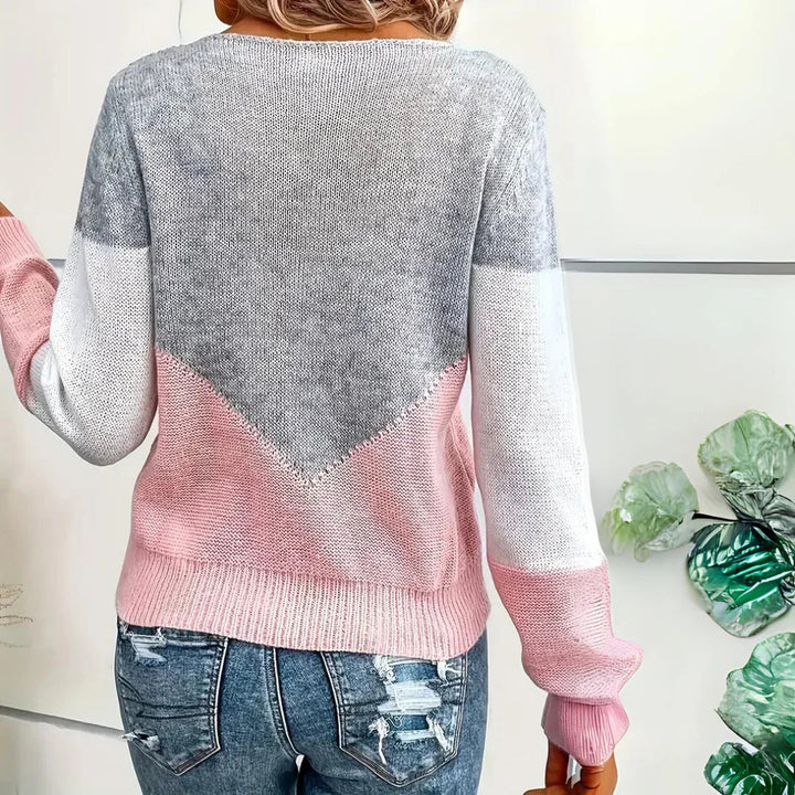 Womens V-Neck Knit Sweater Contrast Detail