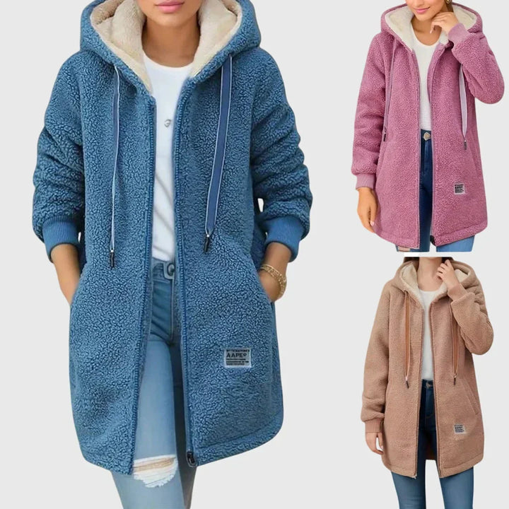 Womens Long Fleece Jacket with Hood and Full Zip