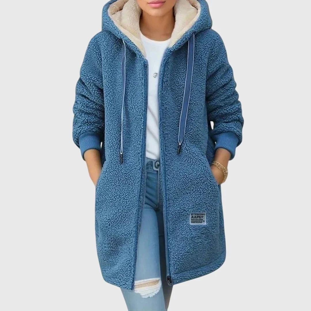 Womens Long Fleece Jacket with Hood and Full Zip - BritishMode