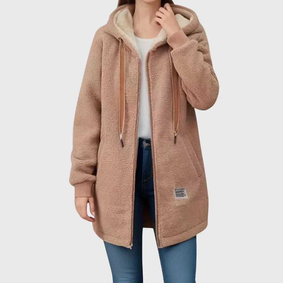 Womens Long Fleece Jacket with Hood and Full Zip