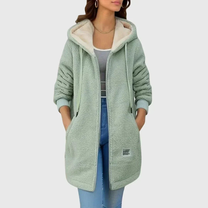 Womens Long Fleece Jacket with Hood and Full Zip