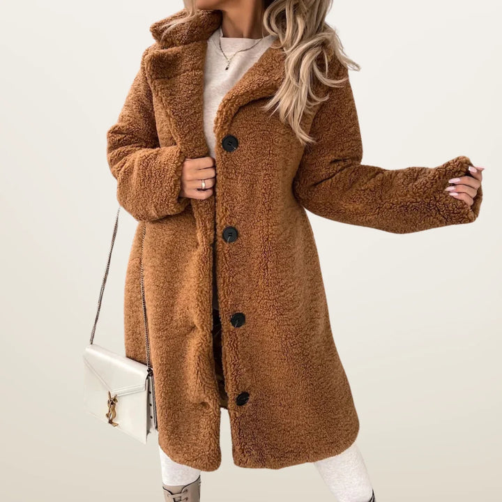 Womens Long Teddy Coat with Buttons