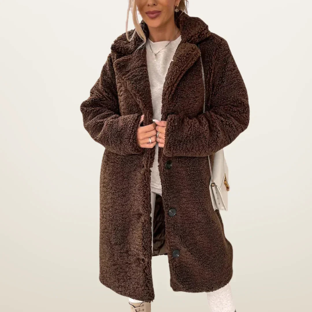 Womens Long Teddy Coat with Buttons