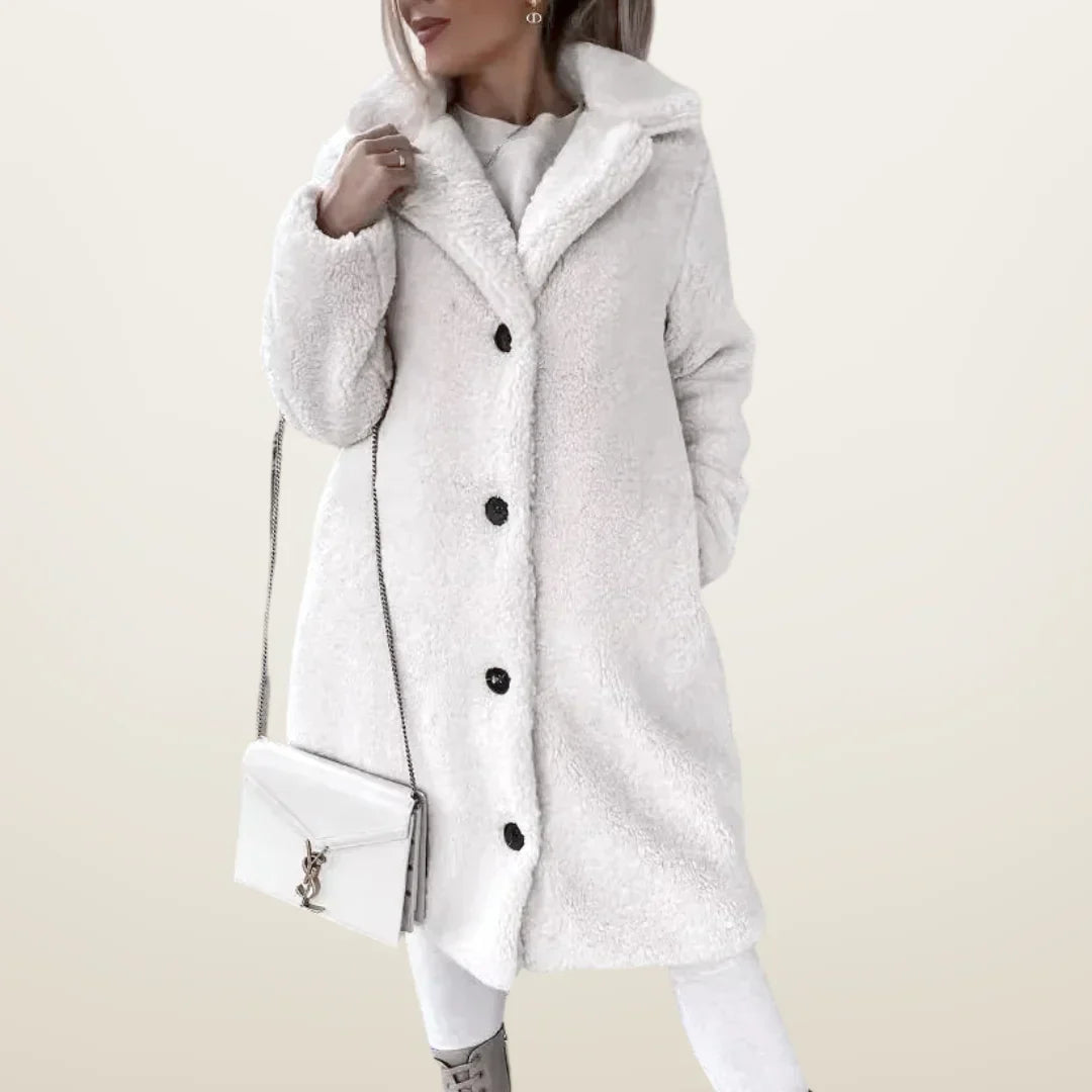 Womens Long Teddy Coat with Buttons