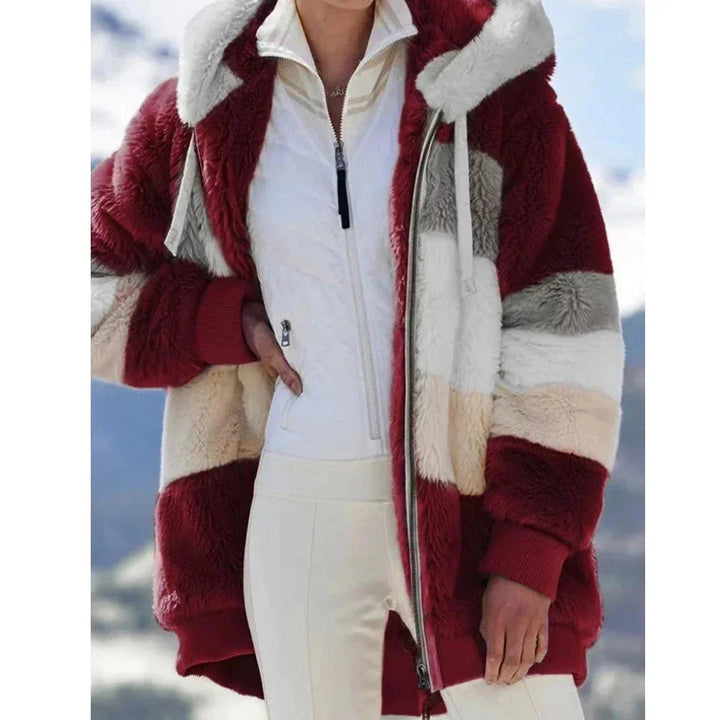 Womens Teddy Jacket with Hooded Design Colorblock Style