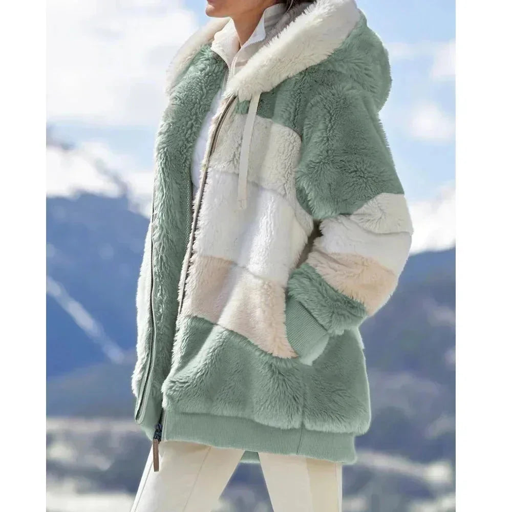 Womens Teddy Jacket with Hooded Design Colorblock Style