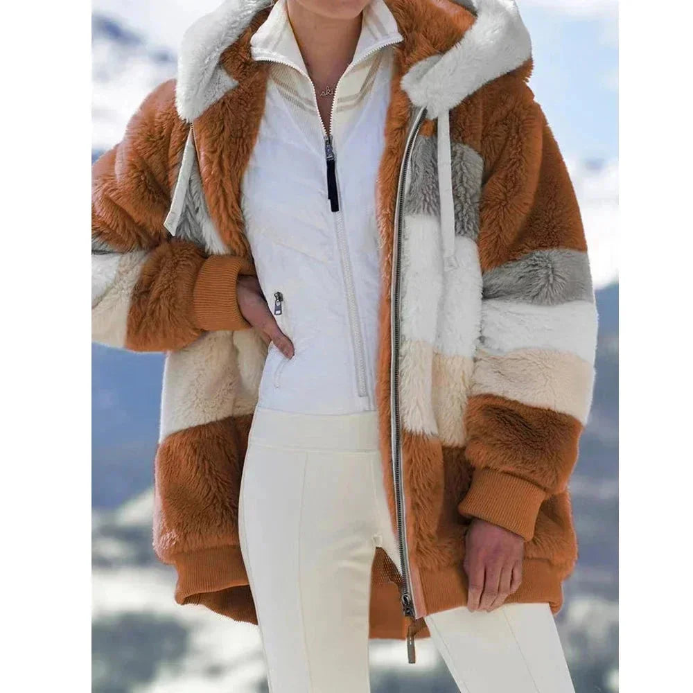 Womens Teddy Jacket with Hooded Design Colorblock Style