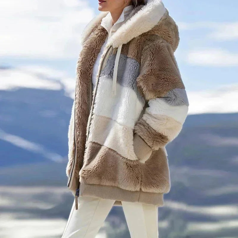 Womens Teddy Jacket with Hooded Design Colorblock Style