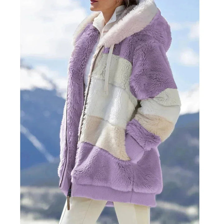 Womens Teddy Jacket with Hooded Design Colorblock Style