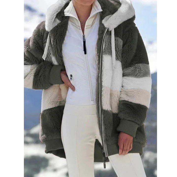 Womens Teddy Jacket with Hooded Design Colorblock Style