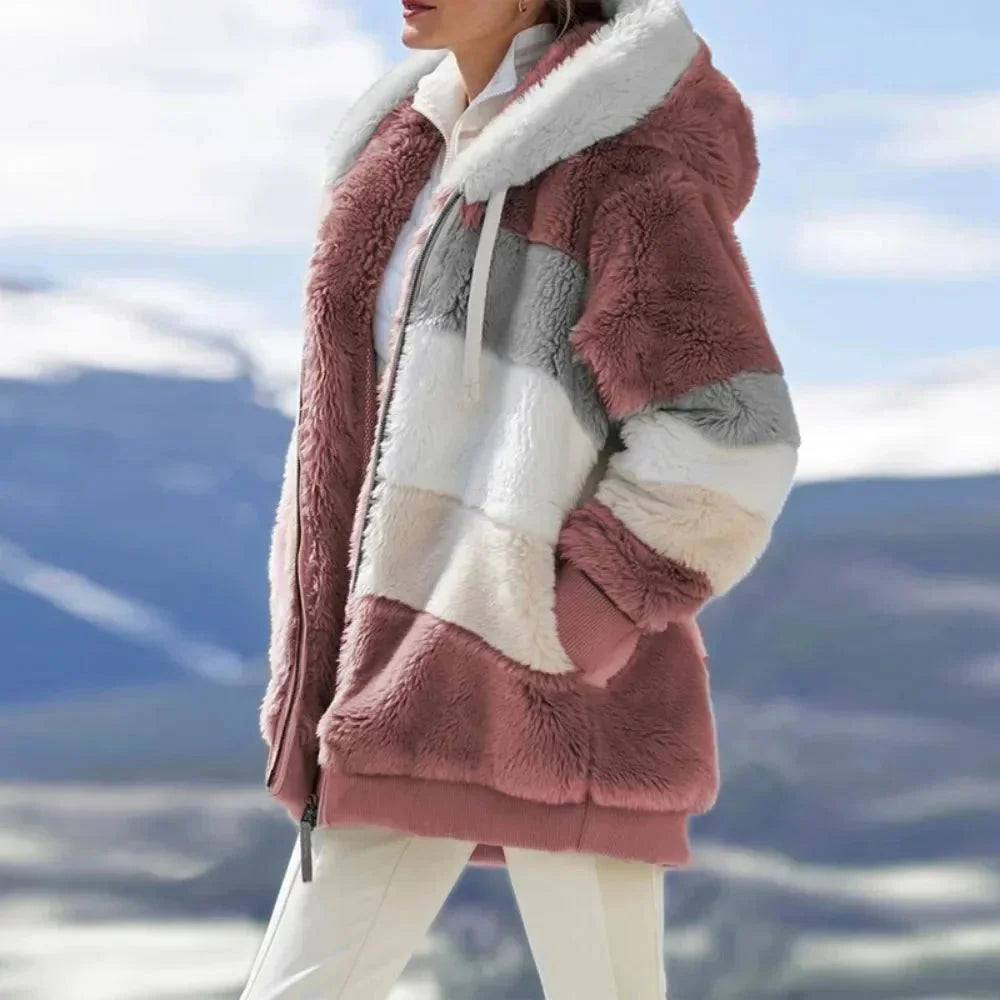 Womens Teddy Jacket with Hooded Design Colorblock Style