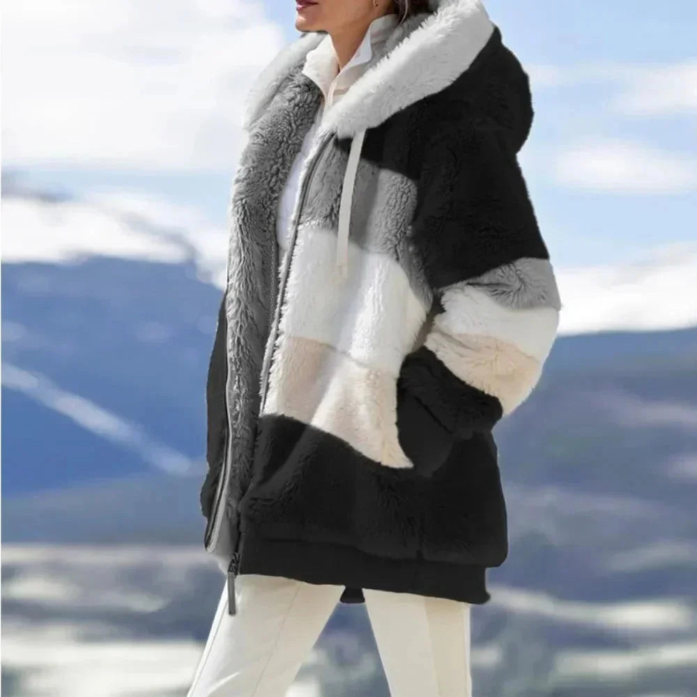 Womens Teddy Jacket with Hooded Design Colorblock Style - BritishMode