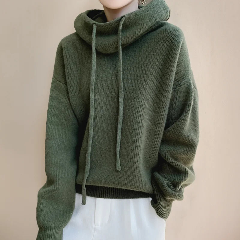Womens Hoodie with Cowl Neck and Cord Detail Relaxed Fit
