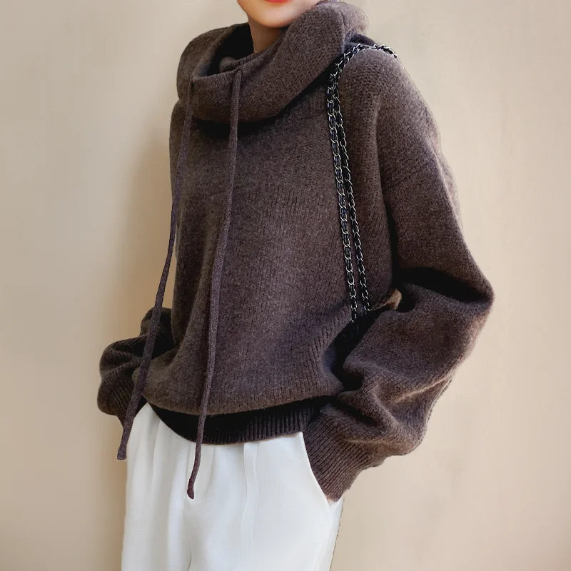 Womens Hoodie with Cowl Neck and Cord Detail Relaxed Fit