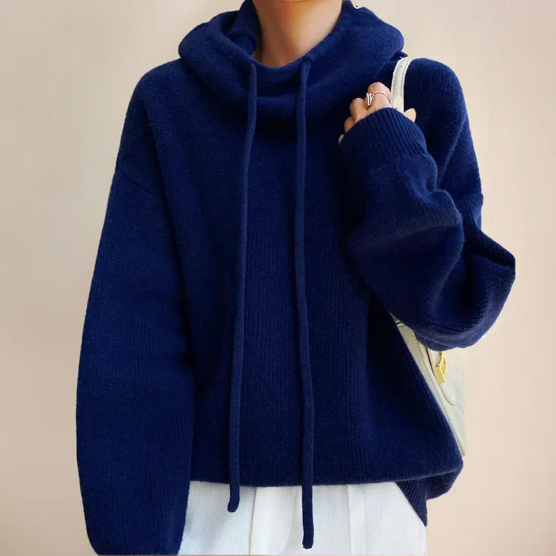 Womens Hoodie with Cowl Neck and Cord Detail Relaxed Fit