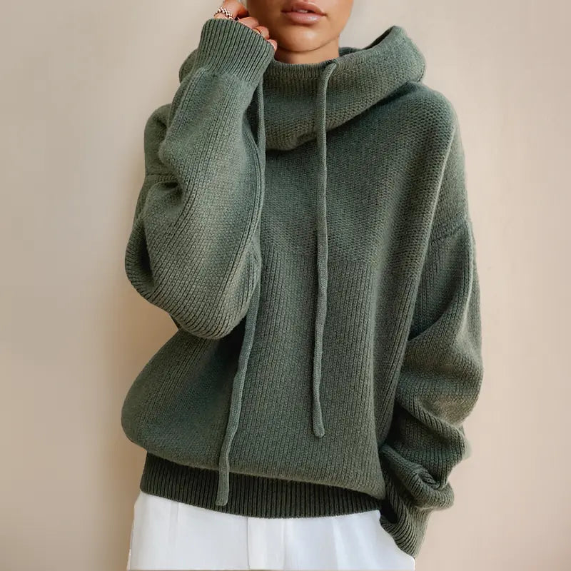Womens Knit Hoodie Soft Pullover with High Neck and Drawstrings - BritishMode