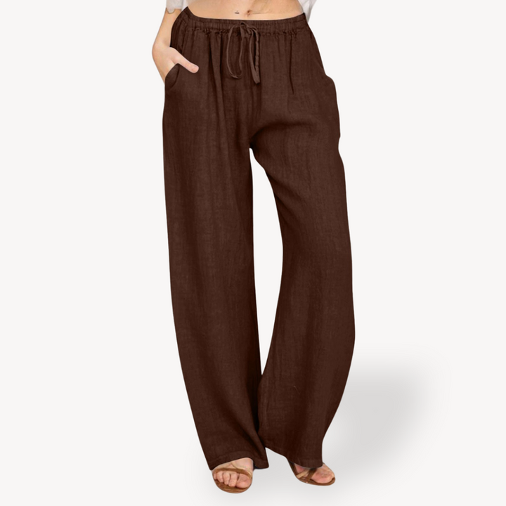 Womens Linen Wide-Leg Pants Drawstring Relaxed Fit
