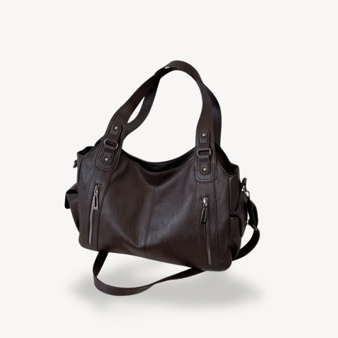 Womens Leather Tote Bag with Zippered Shoulder Strap