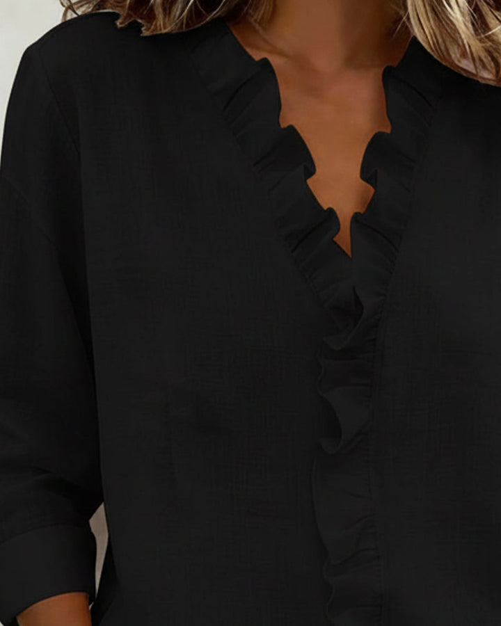 Womens Long Sleeve Blouse with Ruffle V-Neck Relaxed Fit