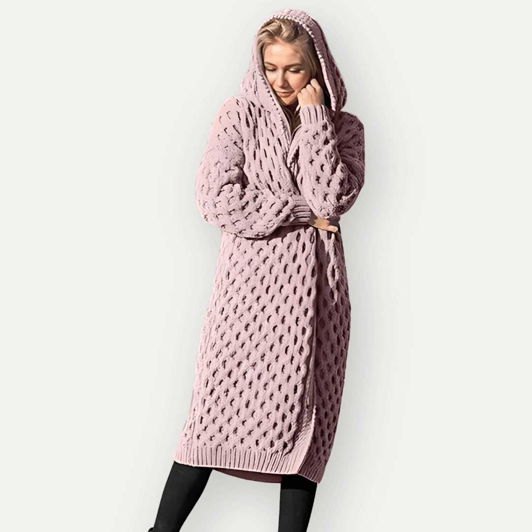 Womens Longline Hooded Cardigan Cable Knit Relaxed Fit