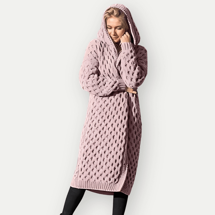 Womens Longline Hooded Cardigan Cable Knit Relaxed Fit