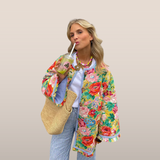 Womens Quilted Jacket Floral Pattern Relaxed Fit - BritishMode