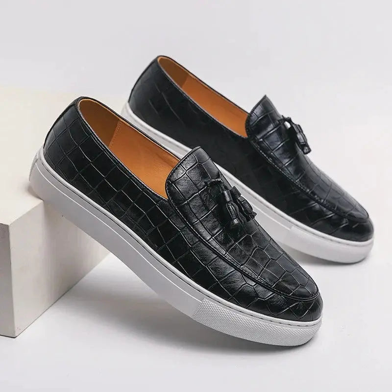 Mens Leather Loafers Embossed Breathable Refined Fit