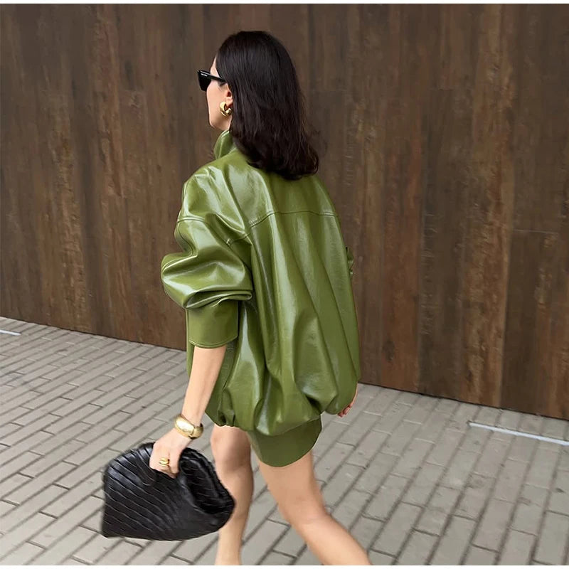 Womens Leather Jacket Zip-Up High Neck Bomber Style