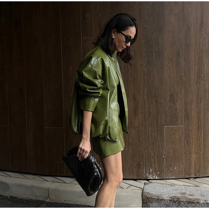 Womens Leather Jacket Zip-Up High Neck Bomber Style