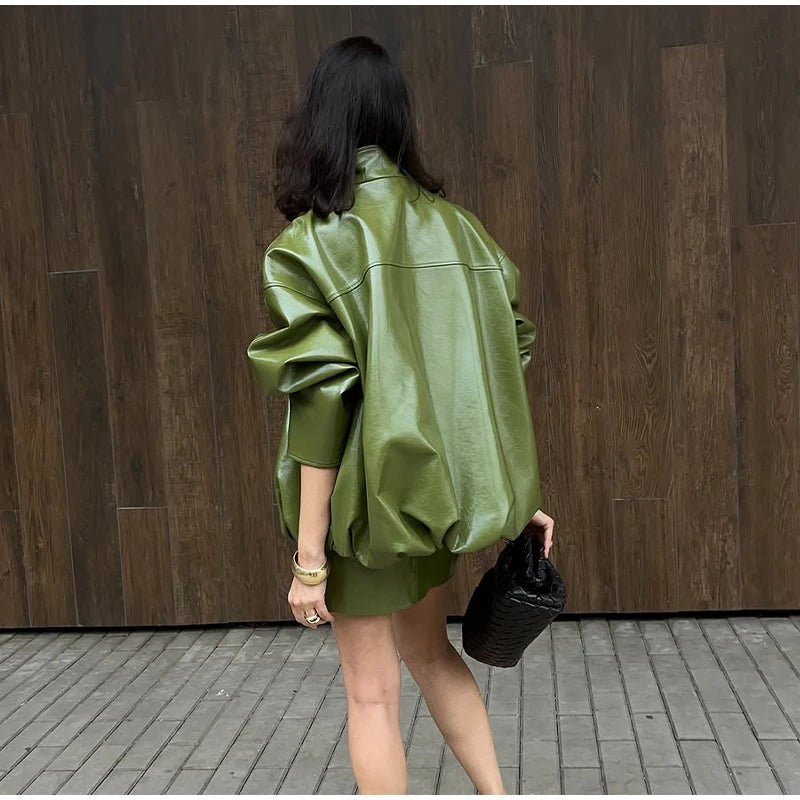 Womens Leather Jacket Zip-Up High Neck Bomber Style