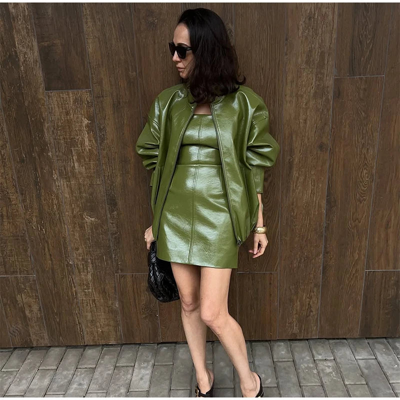 Womens Leather Jacket Zip-Up High Neck Bomber Style