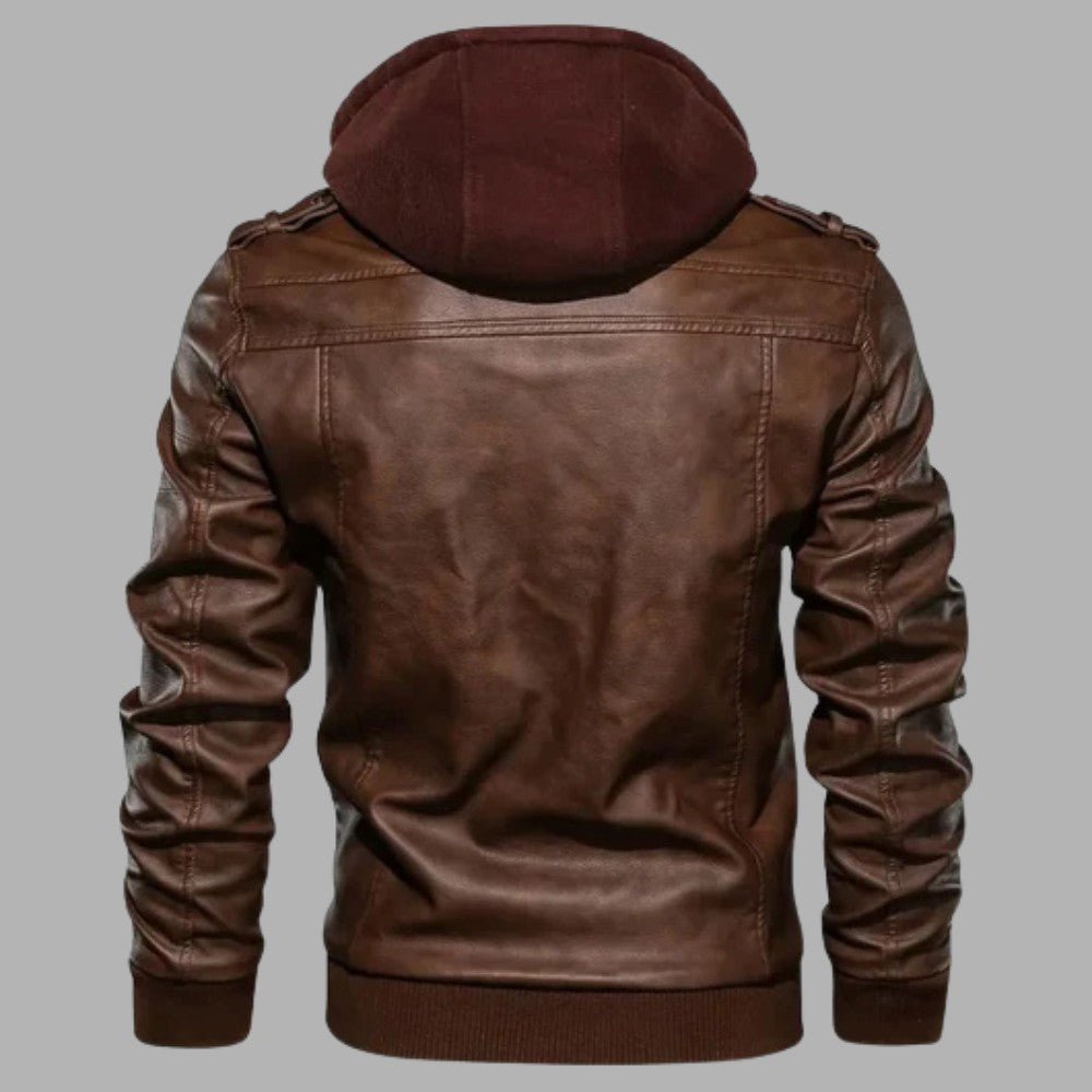 Mens Leather Jacket with Detachable Hood