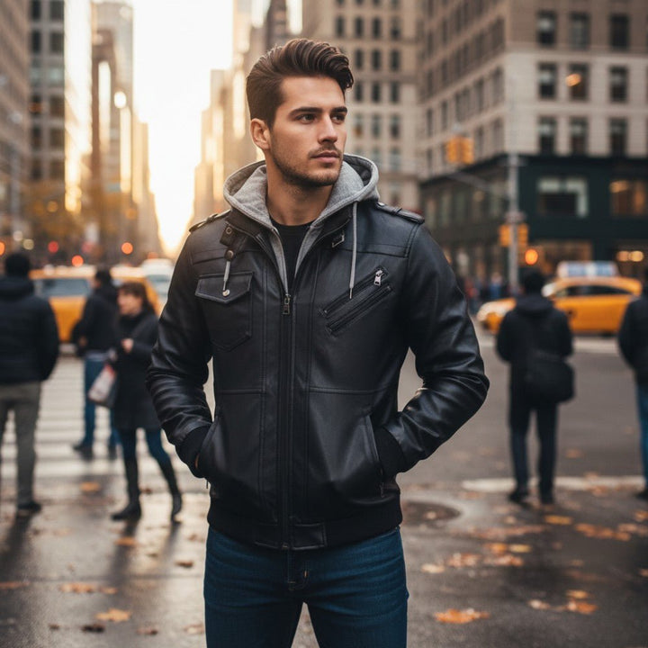 Mens Leather Jacket with Detachable Hood - BritishMode