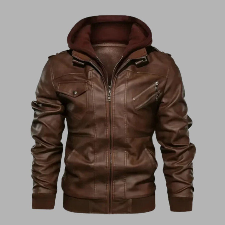 Mens Leather Jacket with Detachable Hood