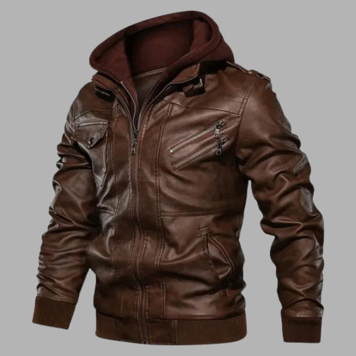 Mens Leather Jacket with Detachable Hood