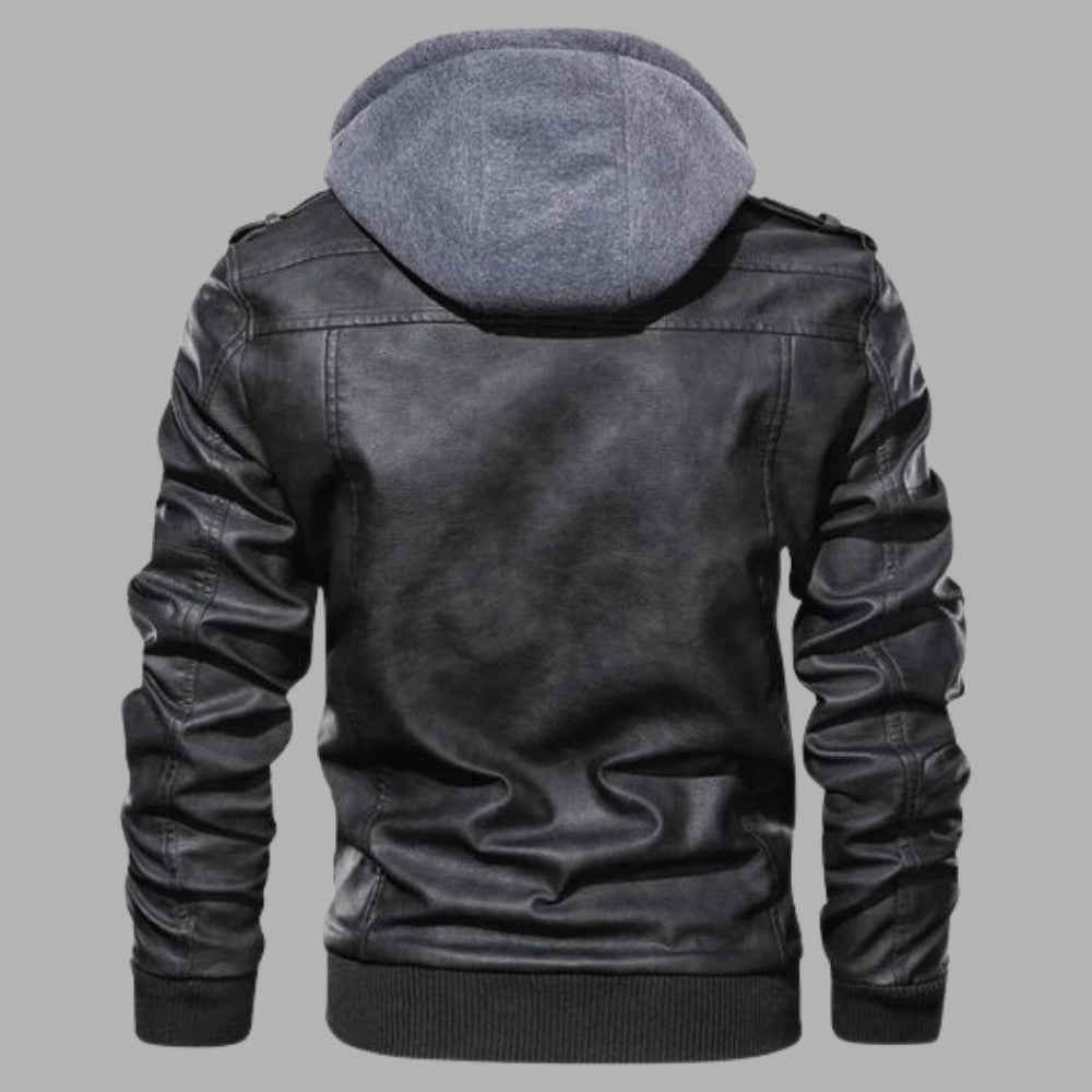 Mens Leather Jacket with Detachable Hood