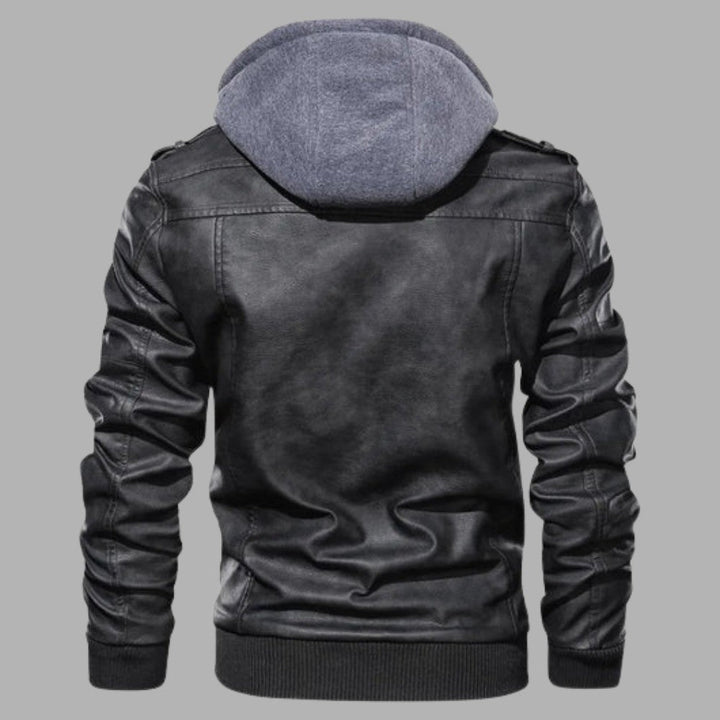 Mens Leather Jacket with Detachable Hood