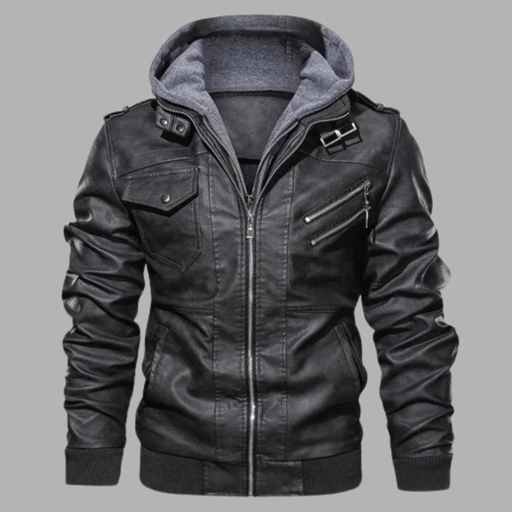 Mens Leather Jacket with Detachable Hood