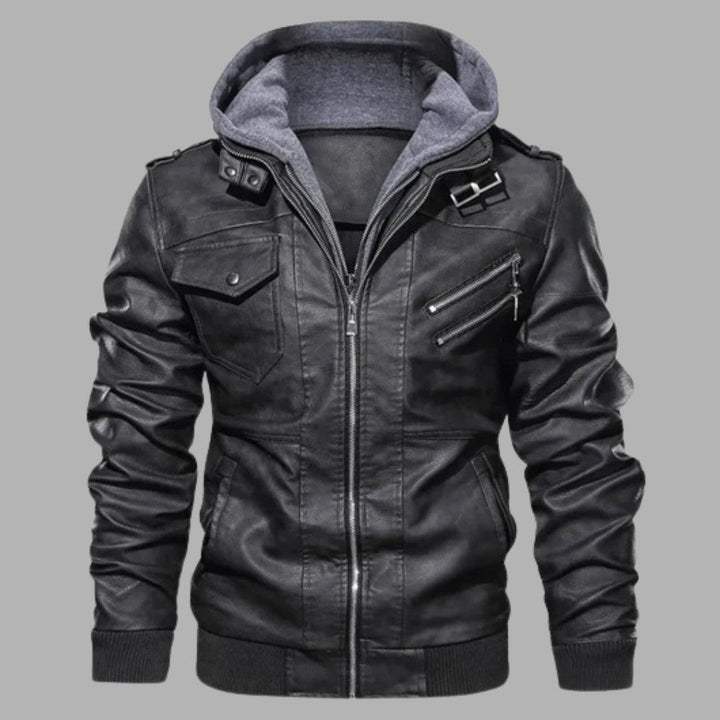 Mens Leather Jacket with Detachable Hood