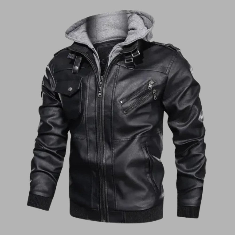 Mens Leather Jacket with Detachable Hood