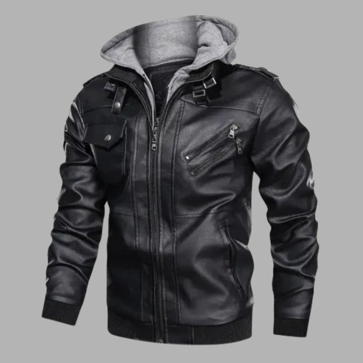Mens Leather Jacket with Detachable Hood