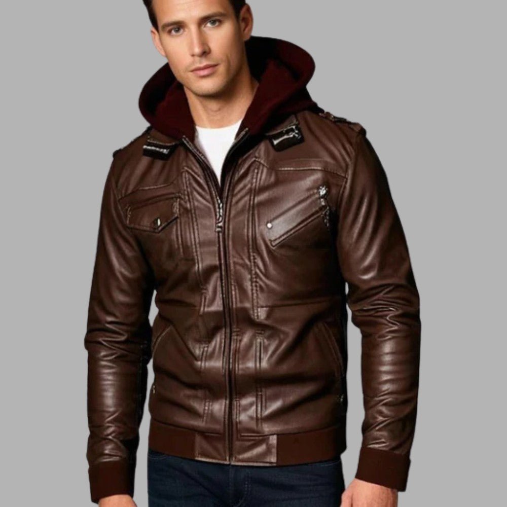 Mens Leather Jacket with Detachable Hood