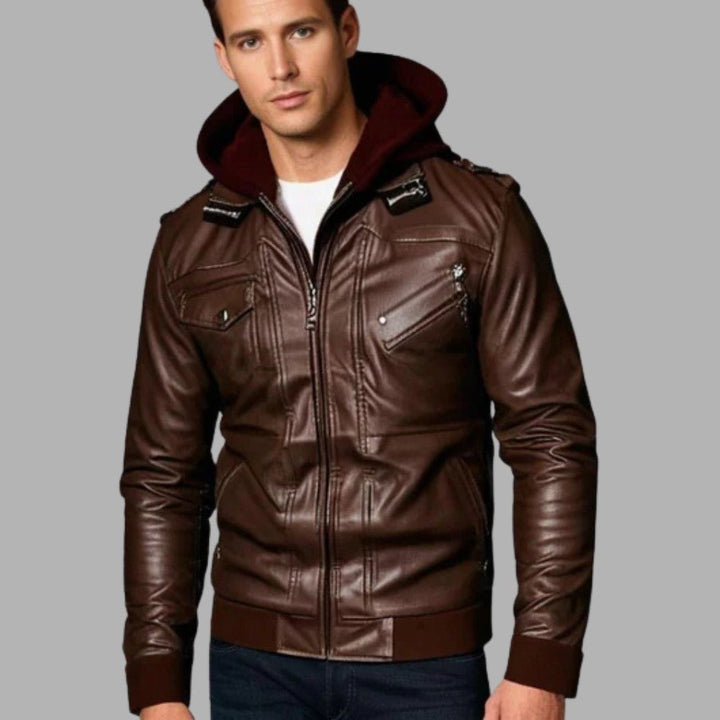 Mens Leather Jacket with Detachable Hood