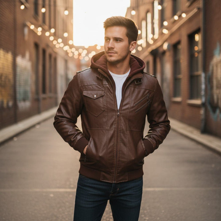 Mens Leather Jacket with Detachable Hood