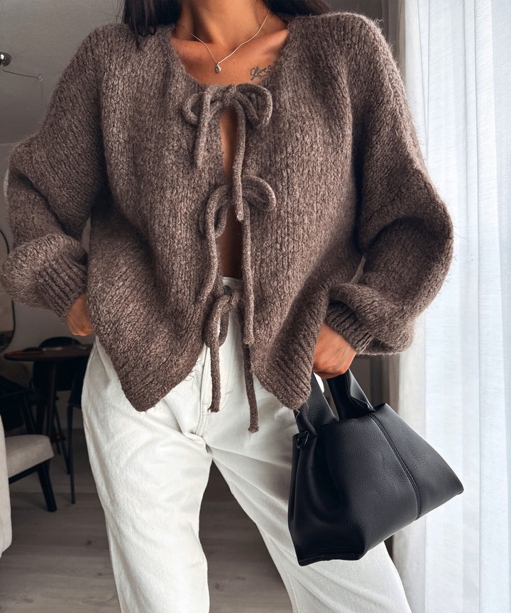 Womens Cardigan Knit Bow Detail Relaxed Fit - BritishMode