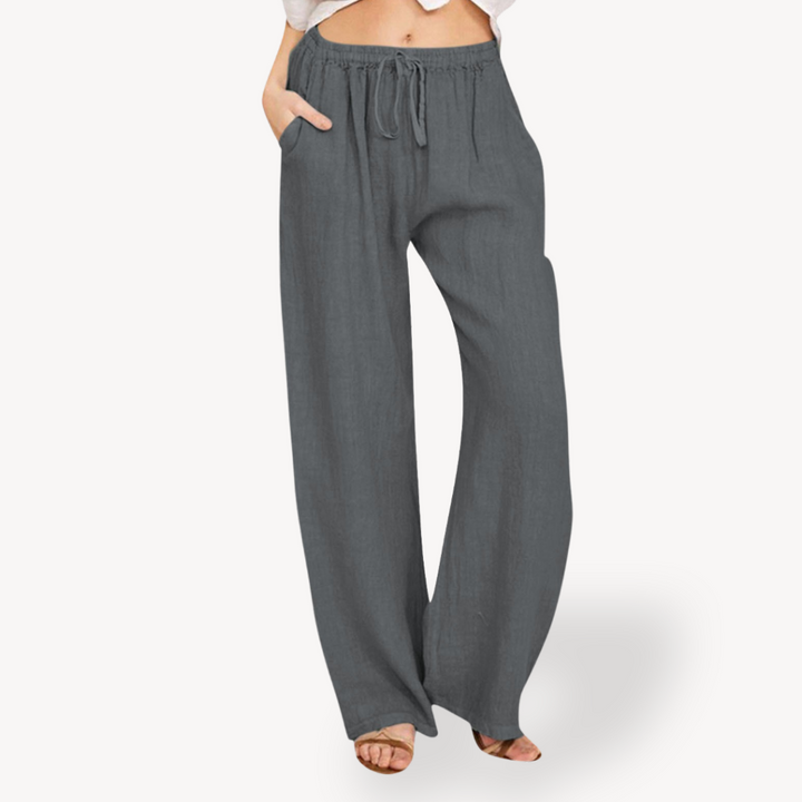 Womens Linen Wide-Leg Pants Drawstring Relaxed Fit - BritishMode