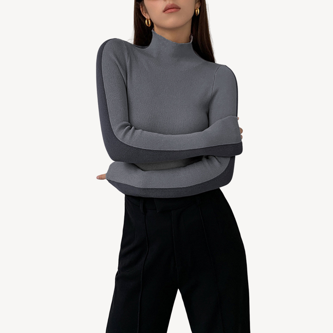 Womens Knit Turtleneck Top Two-Tone Design