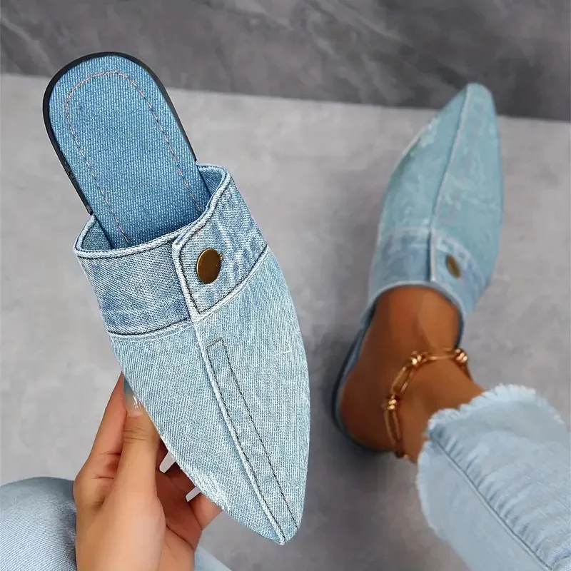 Womens Denim Mule Slip-On Flat Shoes Pointed Toe - BritishMode