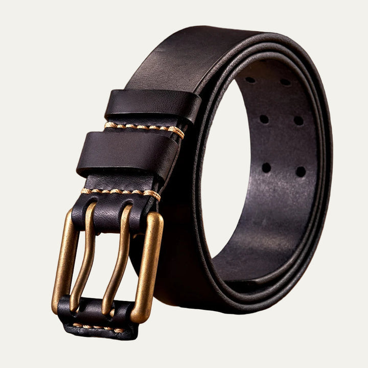 Mens Leather Belt Double Prong Heavy Stitching